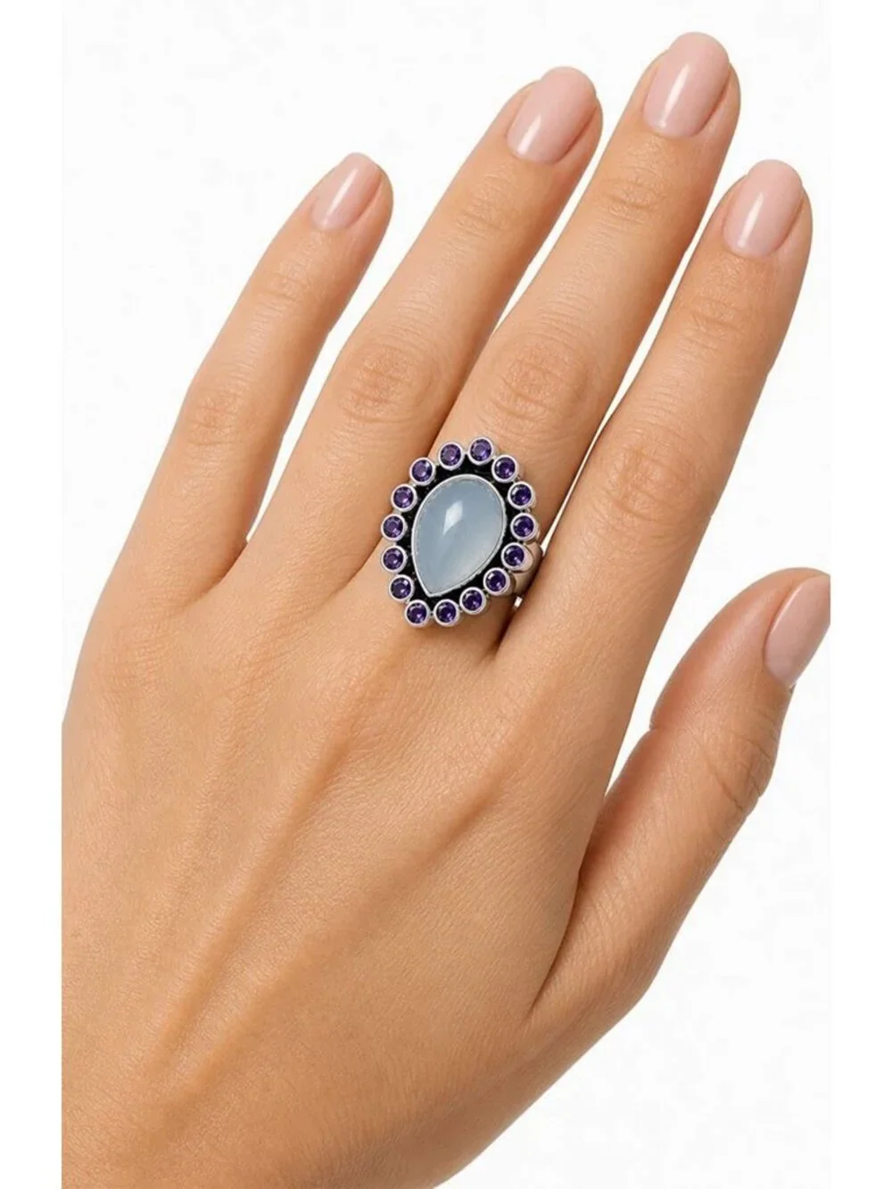 Genuine 3.85 Cts Moonstone & Amethyst Ring Solid .925 Sterling Silver